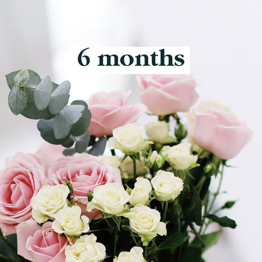 A bouquet of pink and cream roses with green eucalyptus leaves, overlaid with a white text box reading '6 months' on a soft white background.