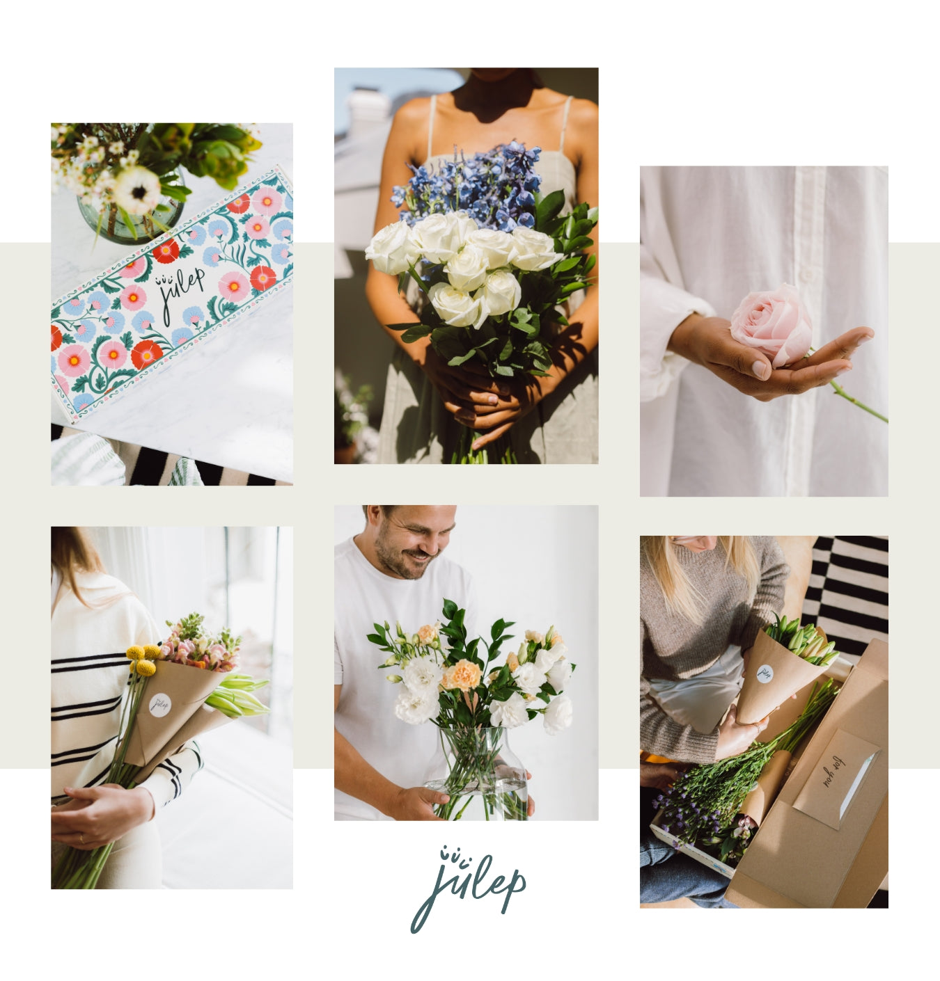 A six-photo collage showcasing a floral sash with the name 'Juliet' worn around a woman's waist, a bouquet of white roses and blue flowers, a hand holding a pink rose, a man holding a bouquet, and a woman opening a box of flowers. The brand name 'in Juliet' is written at the bottom.